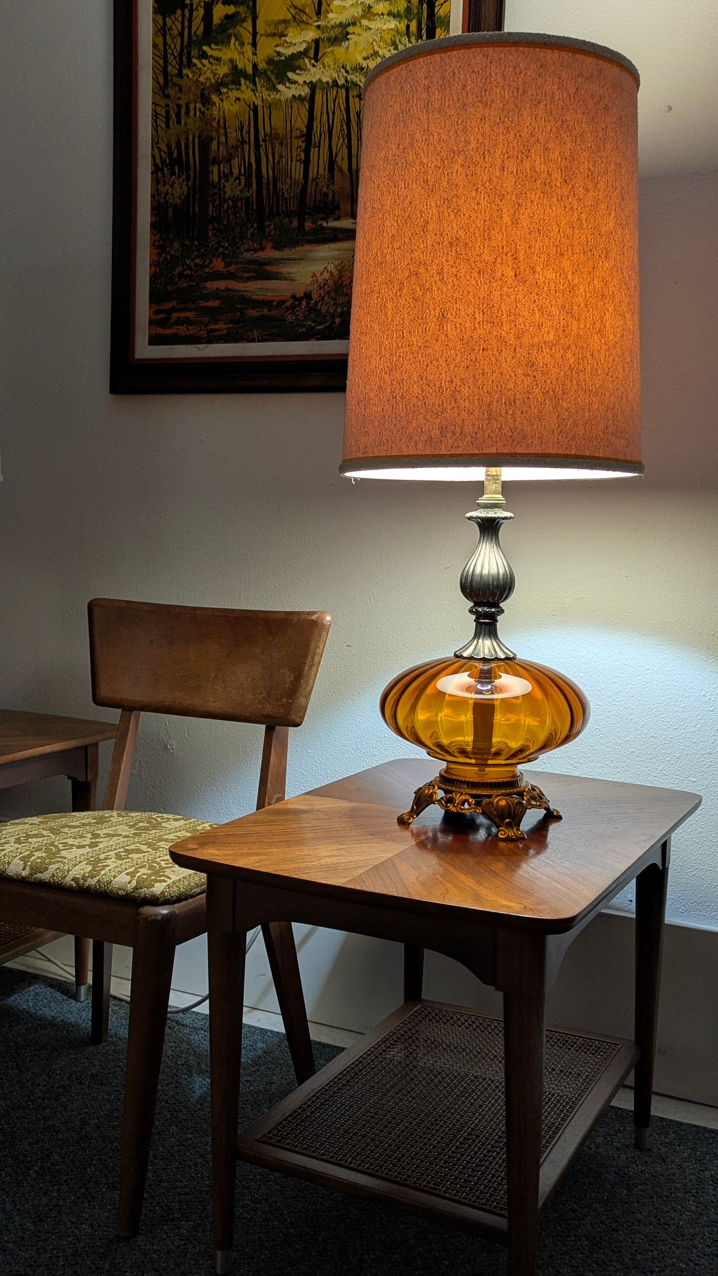 Vintage Retro Hollywood Regency Amber Glass Pair of Lamps