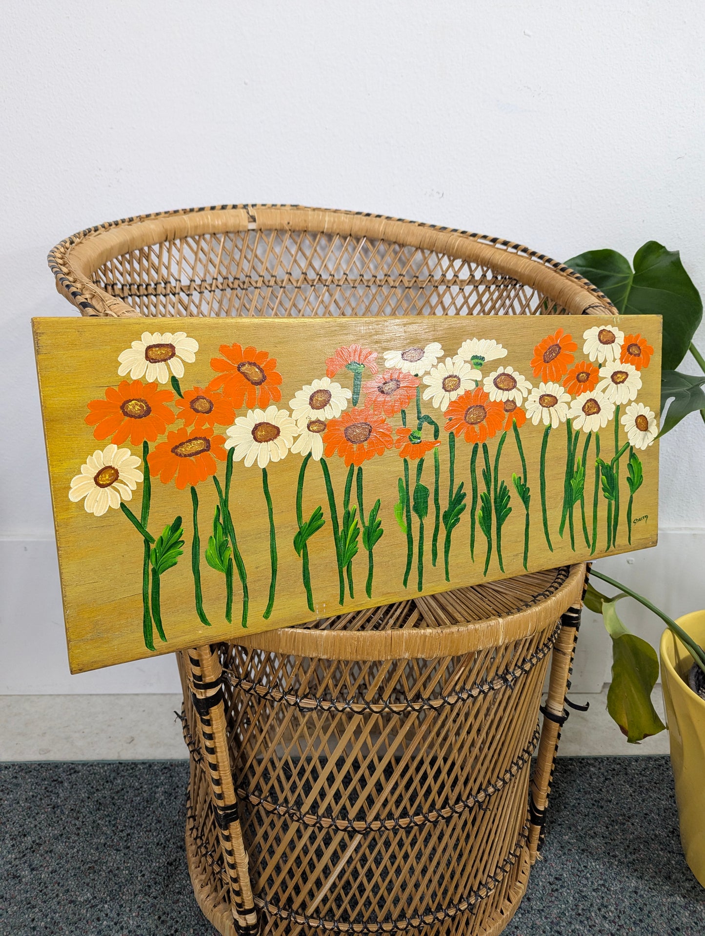 Vintage MCM Painted Daisy Floral Artwork