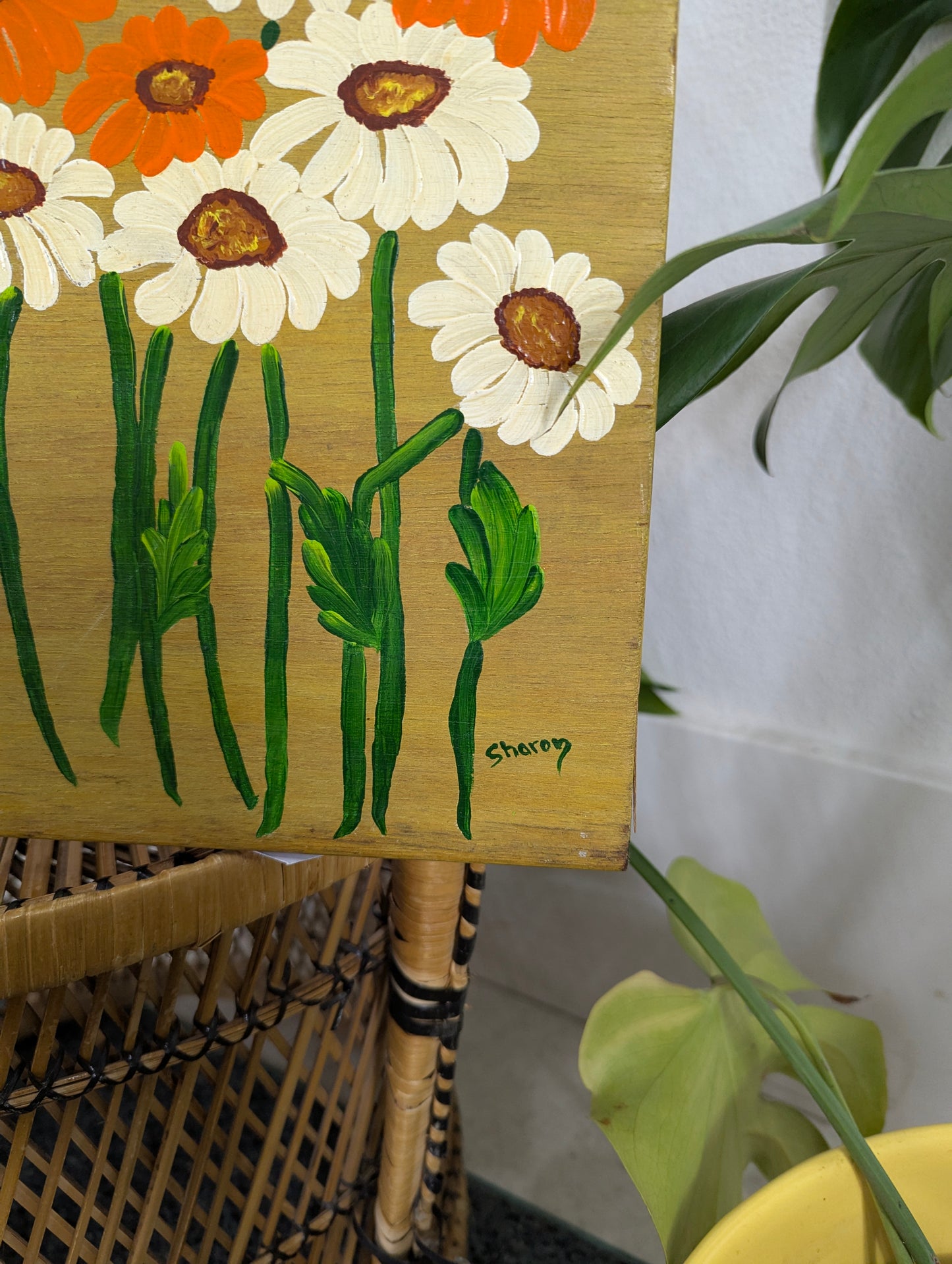 Vintage MCM Painted Daisy Floral Artwork