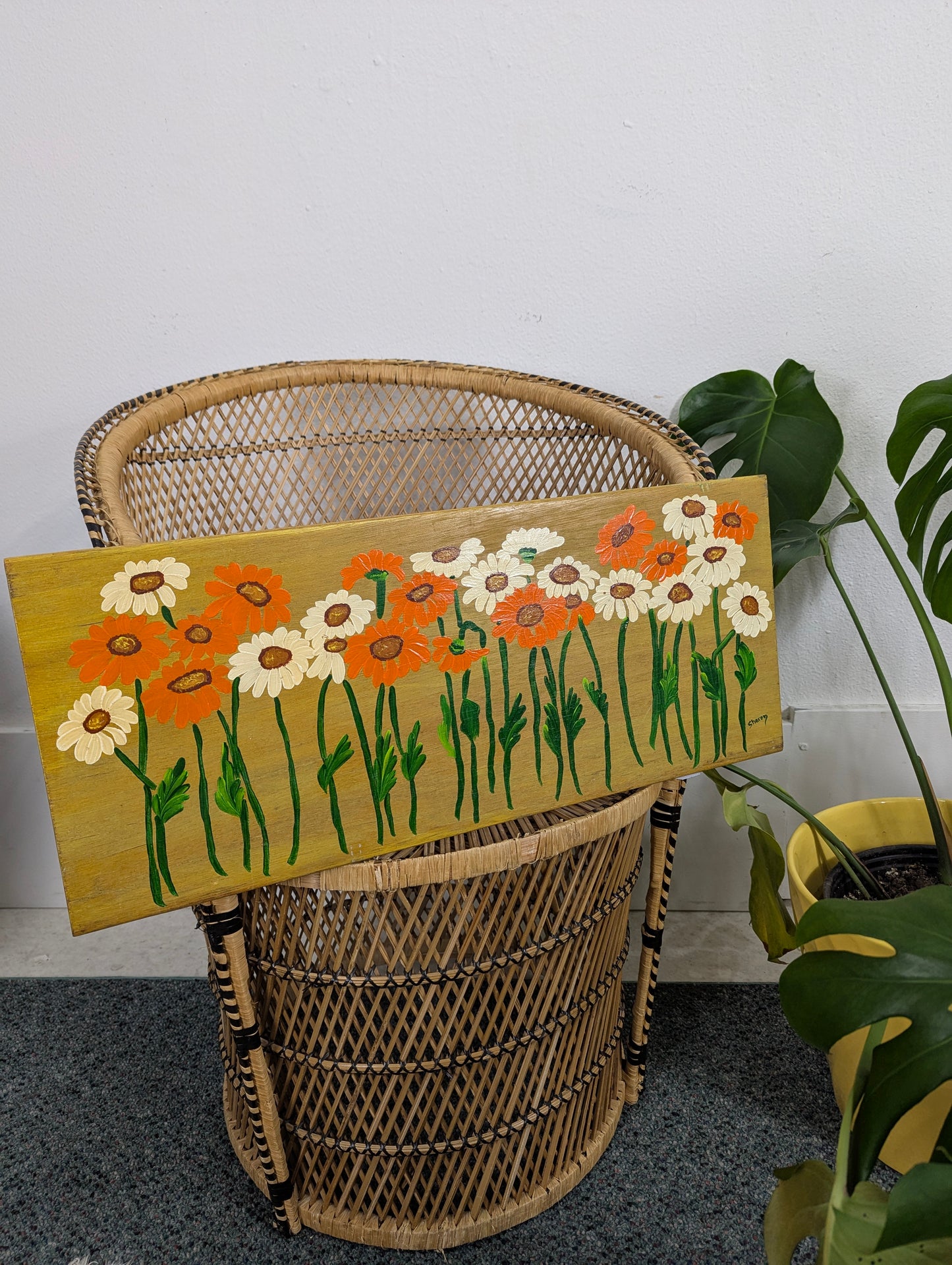 Vintage MCM Painted Daisy Floral Artwork