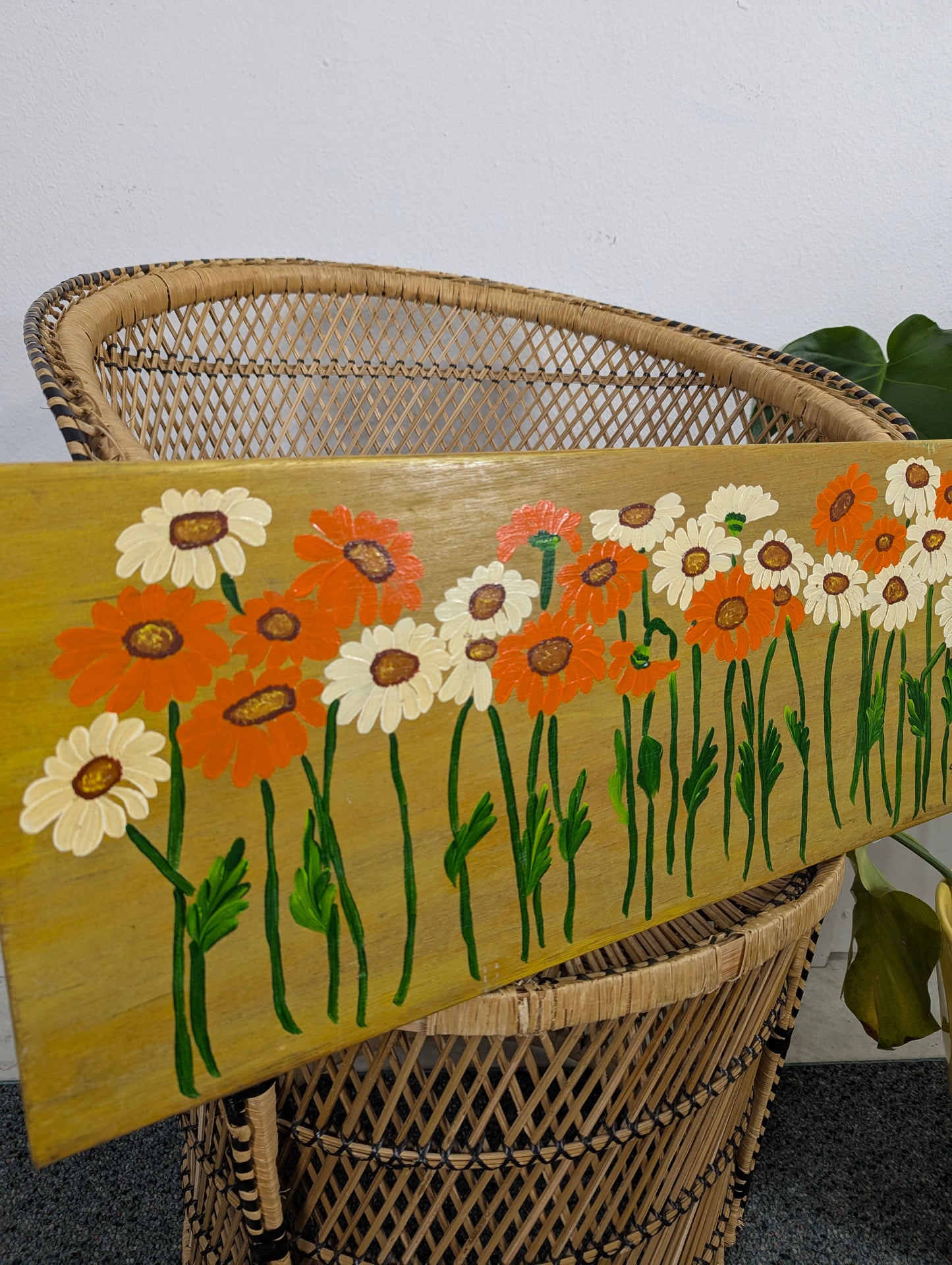 Vintage MCM Painted Daisy Floral Artwork