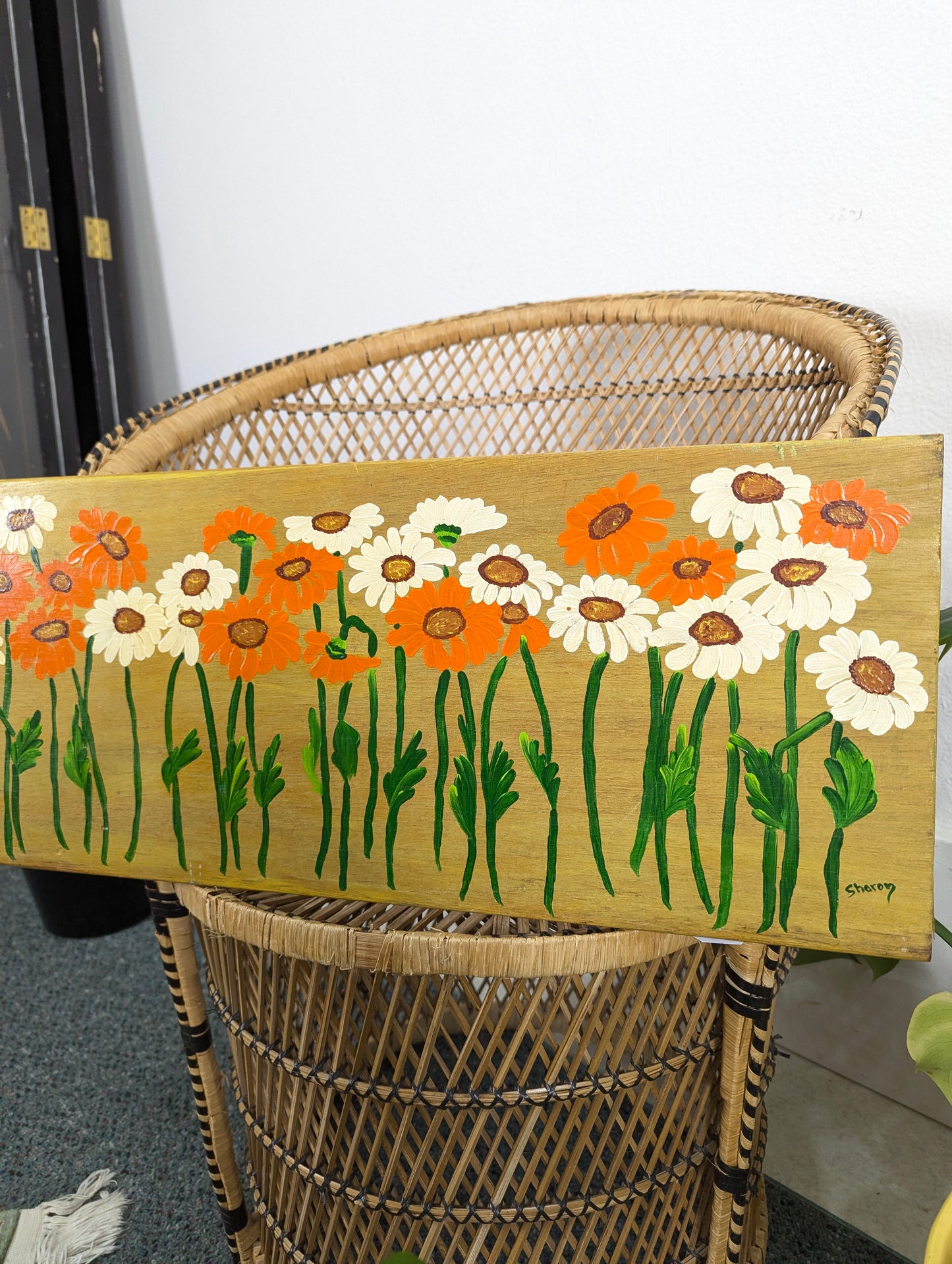 Vintage MCM Painted Daisy Floral Artwork