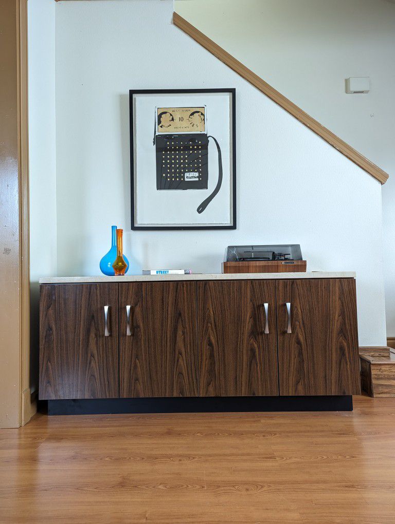 MCM Marble Top TV Media Credenza Record Player Stand & Storage Cabinet