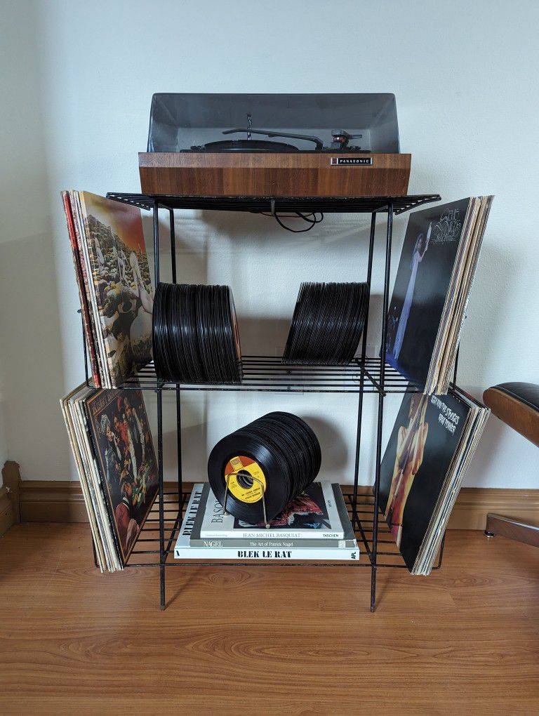 Vintage Black Metal Record Player Storage, Stand & Display