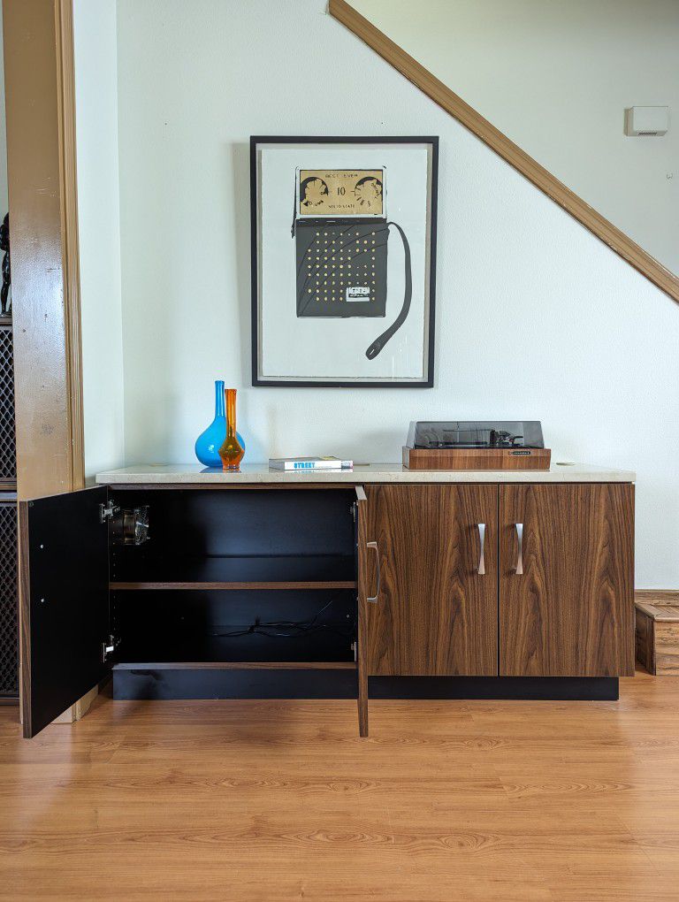 MCM Marble Top TV Media Credenza Record Player Stand & Storage Cabinet