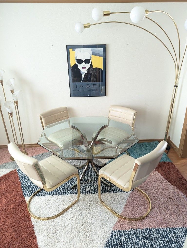 Stunning Postmodern Cream Leather, Brass & Glass Dining Set by Cal Style