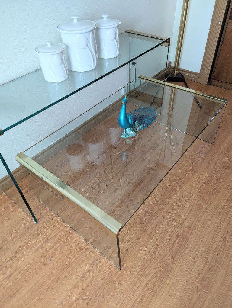 Leon Rosen Brass & Glass Postmodern Waterfall Coffee Table by Pace