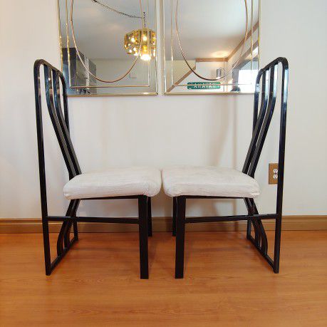 Black Lacquered Postmodern Chairs w/ White Upholstery by Cal Style