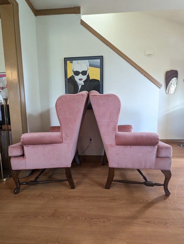 Postmodern Vintage Pink Velvet Upholstered Wingback Lounge Chairs