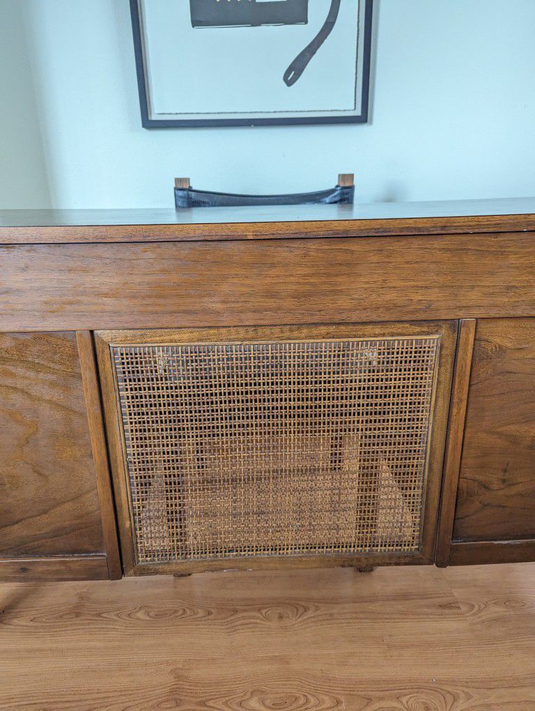Vintage MCM Solid Walnut & Caned Back Desk w/ Laminate Top