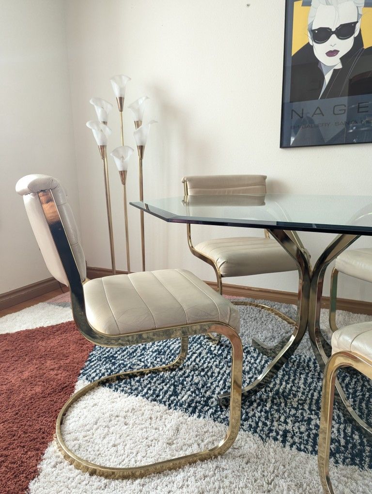 Stunning Postmodern Cream Leather, Brass & Glass Dining Set by Cal Style