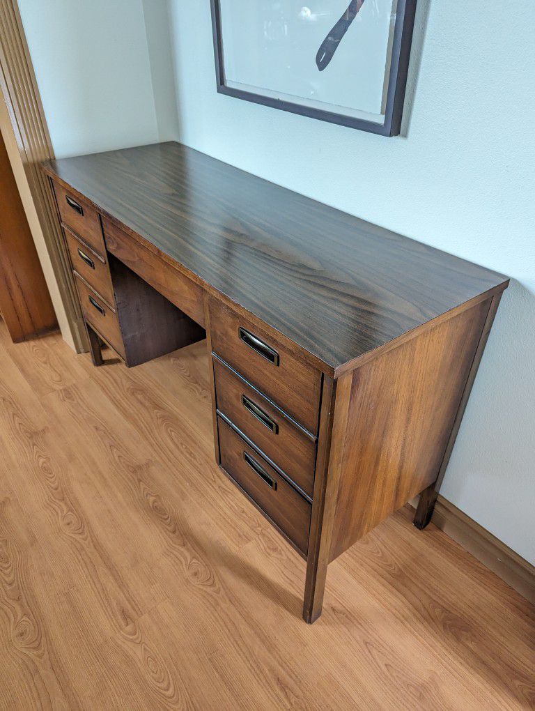 Vintage MCM Solid Walnut & Caned Back Desk w/ Laminate Top