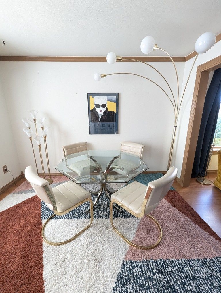 Stunning Postmodern Cream Leather, Brass & Glass Dining Set by Cal Style