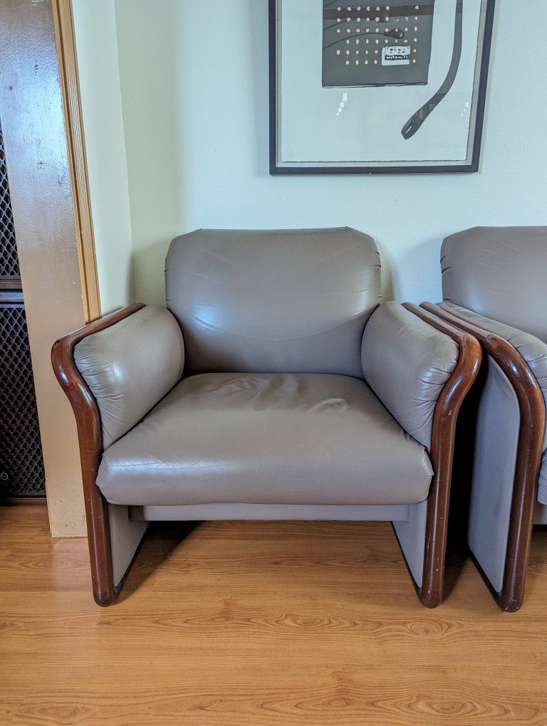 Pair Of Clay Leather & Teak Framed Postmodern Club Lounge Chairs By Kimball