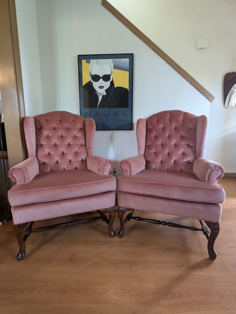 Postmodern Vintage Pink Velvet Upholstered Wingback Lounge Chairs