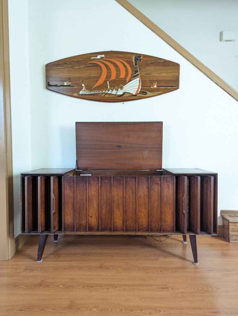 MCM Vintage Record Player Cabinet w/ Louvered Doors