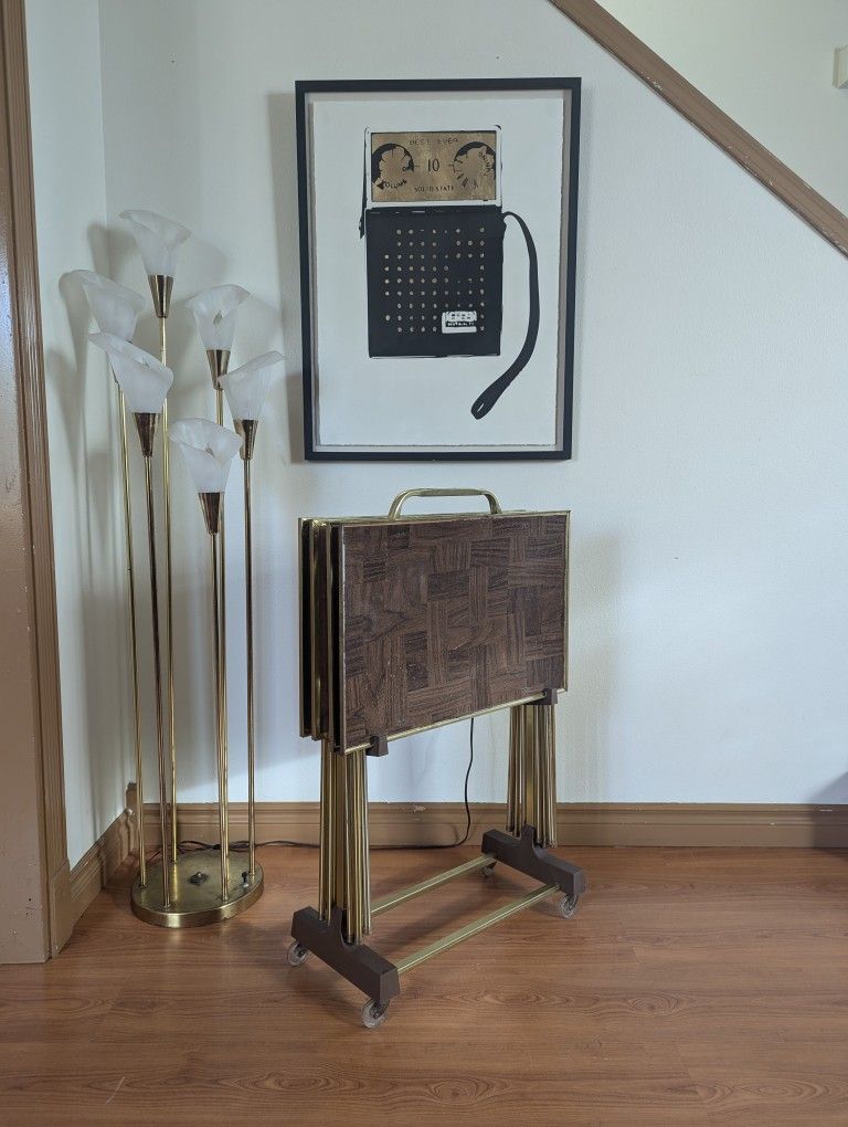 Vintage Set of 4 MCM Brass TV Trays & Rolling Cart