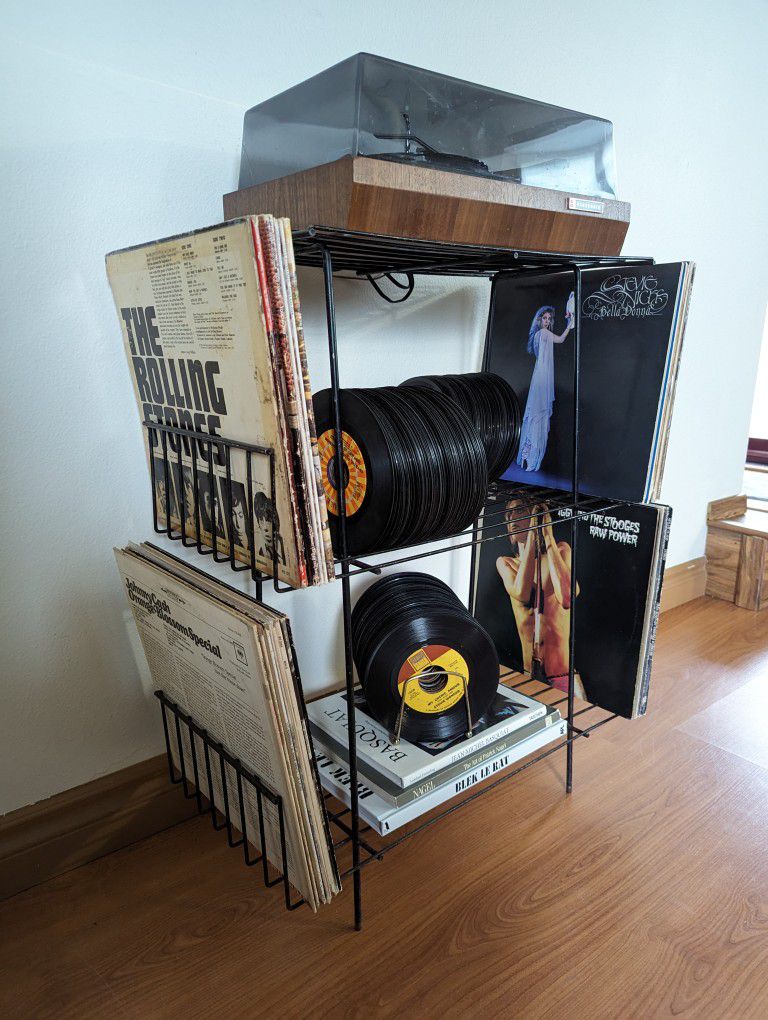 Vintage Black Metal Record Player Storage, Stand & Display