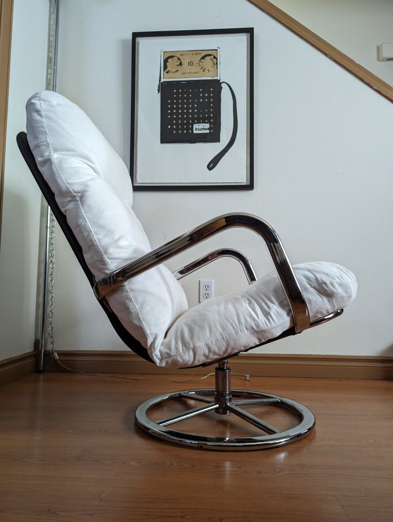 Vintage IKEA Smedsta Tufted White Corduroy Chrome Swivel Lounge Chair