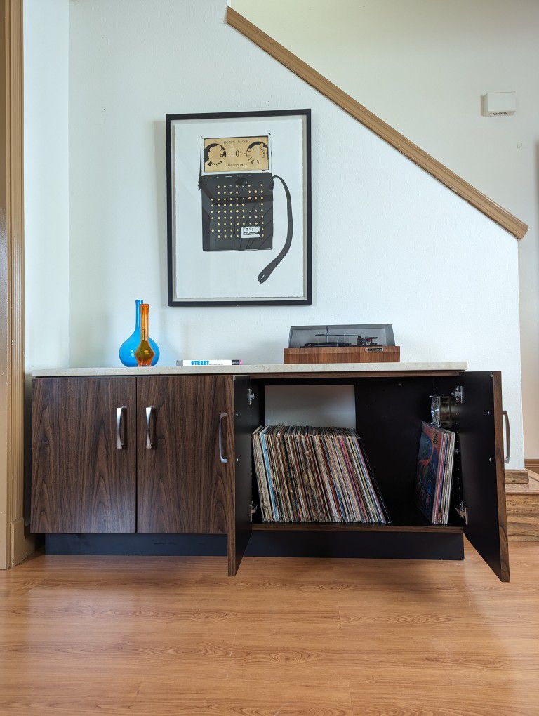 MCM Marble Top TV Media Credenza Record Player Stand & Storage Cabinet