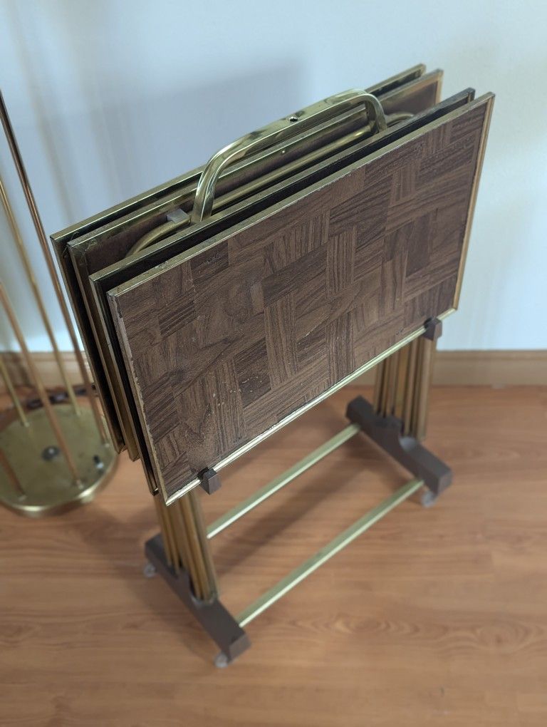 Vintage Set of 4 MCM Brass TV Trays & Rolling Cart