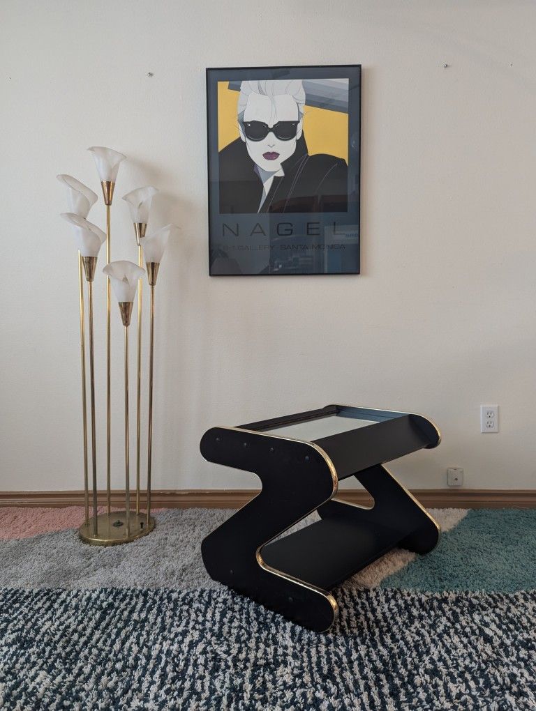Postmodern Black & Gold Mirrored Z Table End / Coffee Table