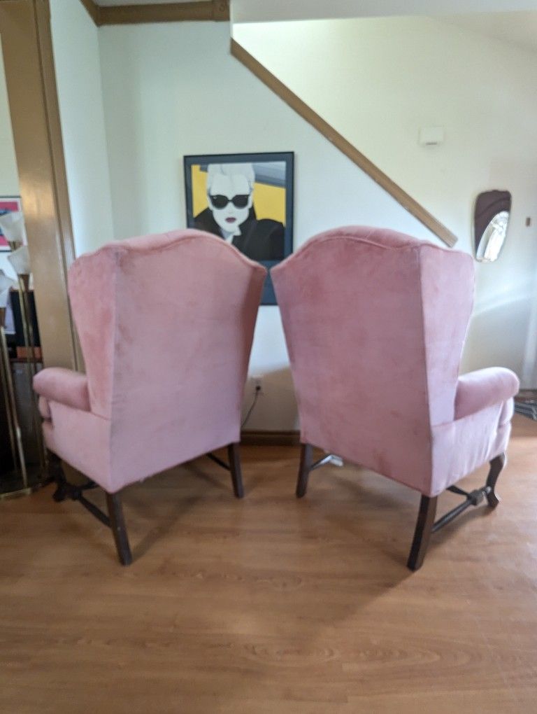 Postmodern Vintage Pink Velvet Upholstered Wingback Lounge Chairs