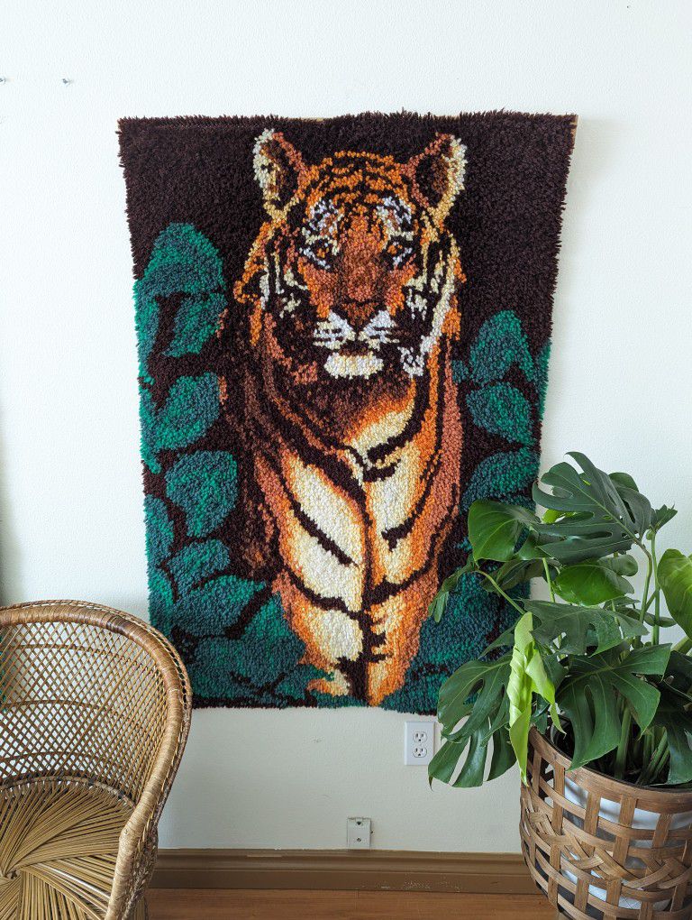 1970's Mid Century Boho Latch Hook Tiger & Lion Wall Art