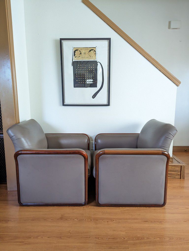 Pair Of Clay Leather & Teak Framed Postmodern Club Lounge Chairs By Kimball