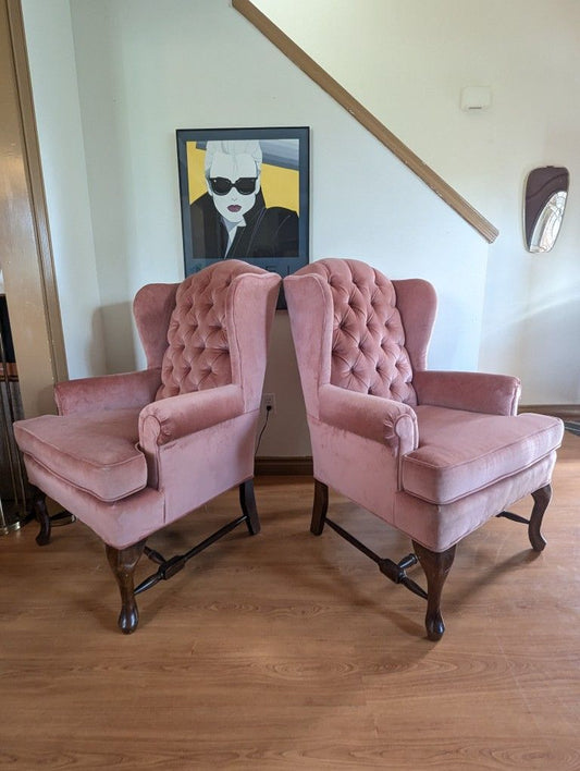 Postmodern Vintage Pink Velvet Upholstered Wingback Lounge Chairs