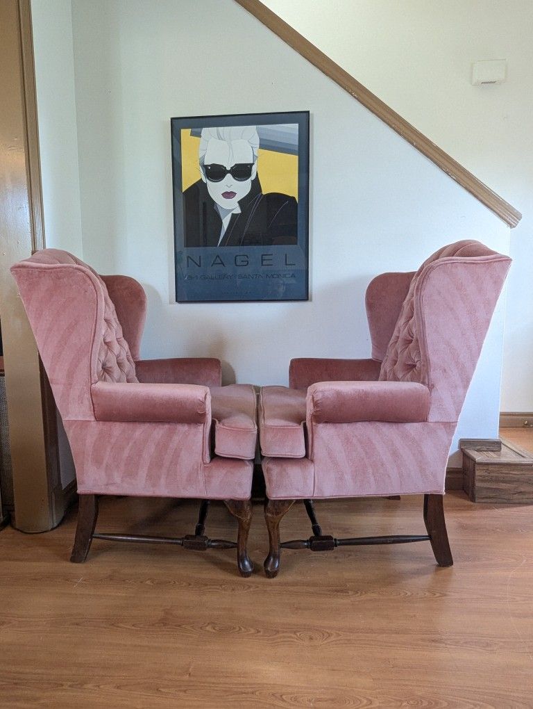Postmodern Vintage Pink Velvet Upholstered Wingback Lounge Chairs