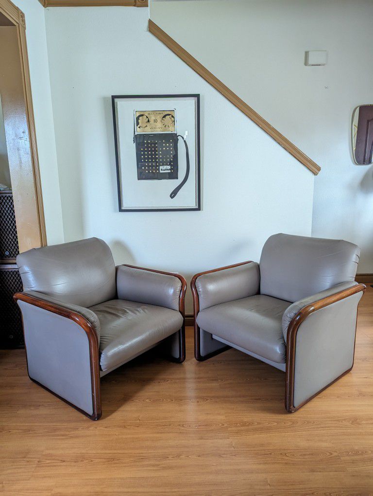 Pair Of Clay Leather & Teak Framed Postmodern Club Lounge Chairs By Kimball