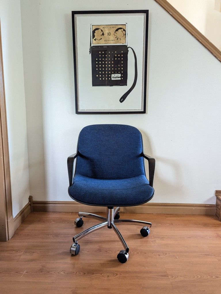MCM Charles Pollock Style Blue Tweed Rolling Desk Chair by Steelcase