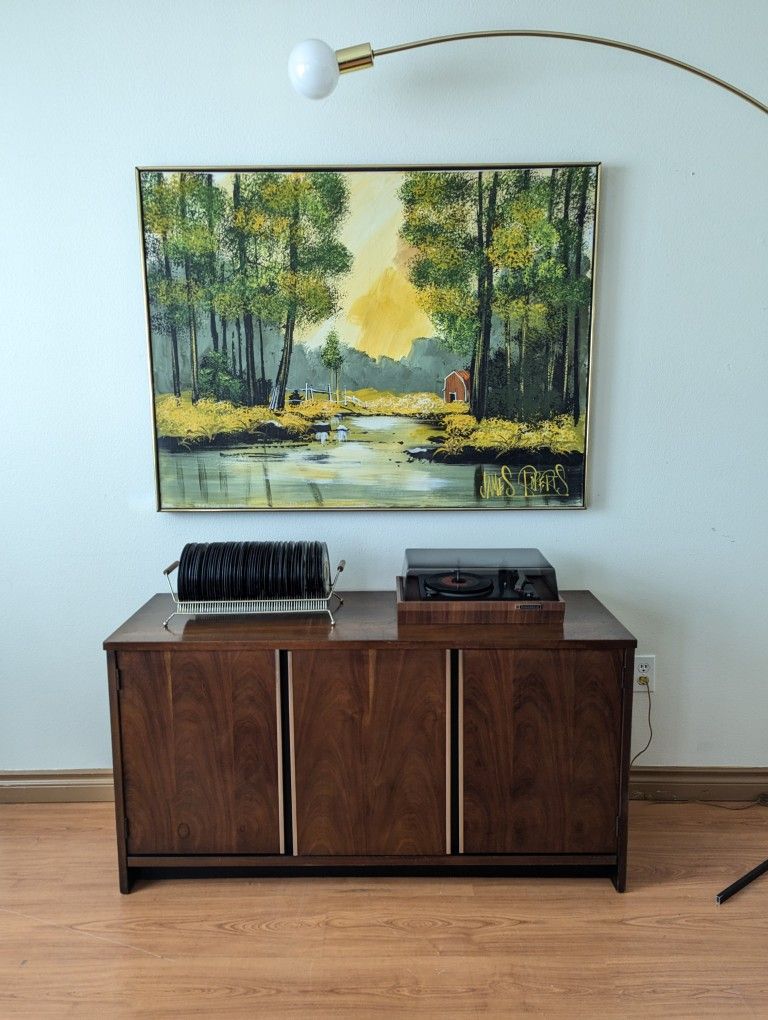 Mid Century Modern Walnut & Chrome Record Cabinet Credenza
