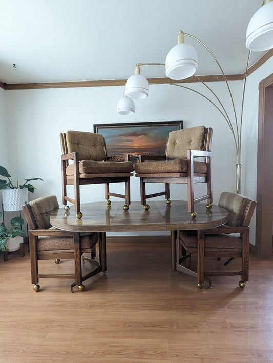 MCM Atomic Dining Table Set w/ 4 Gold Crushed Velvet Rolling Chairs