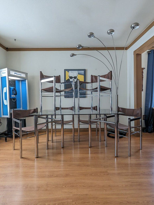 MCM Chrome Dining Table w/ Smoked Glass & 6 Sling Chair Set by James David Inc.