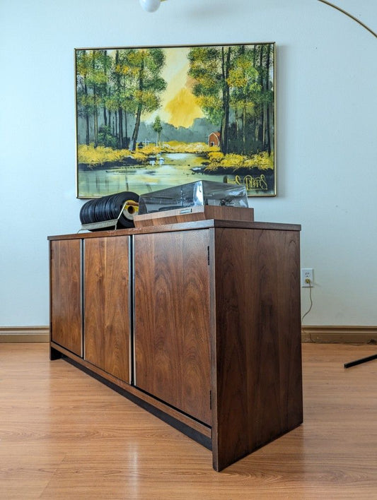 Mid Century Modern Walnut & Chrome Record Cabinet Credenza