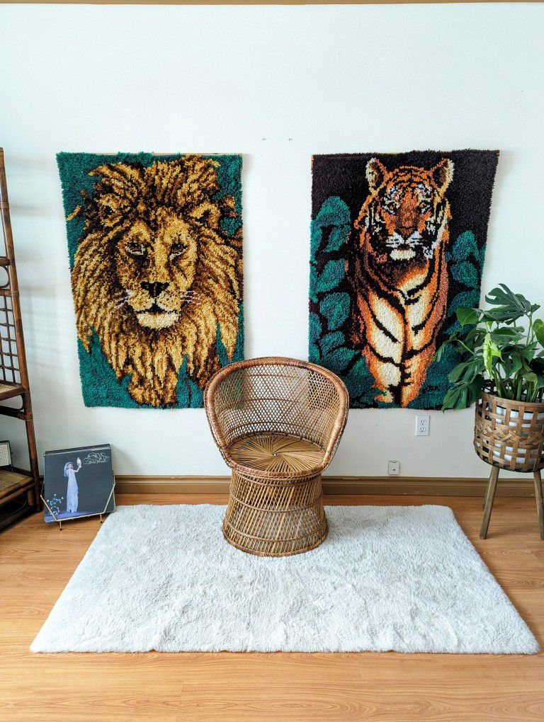 1970's Mid Century Boho Latch Hook Tiger & Lion Wall Art