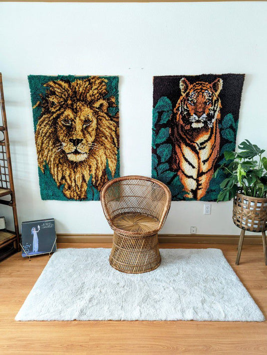 1970's Mid Century Boho Latch Hook Tiger & Lion Wall Art