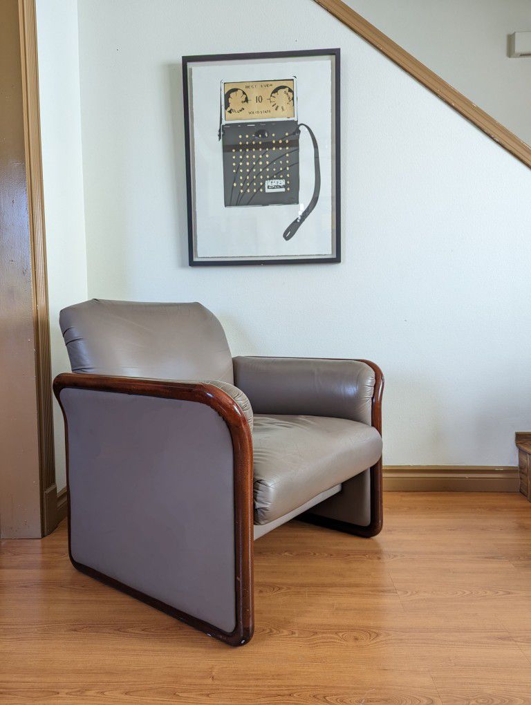 Pair Of Clay Leather & Teak Framed Postmodern Club Lounge Chairs By Kimball