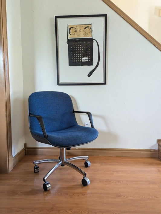 MCM Charles Pollock Style Blue Tweed Rolling Desk Chair by Steelcase
