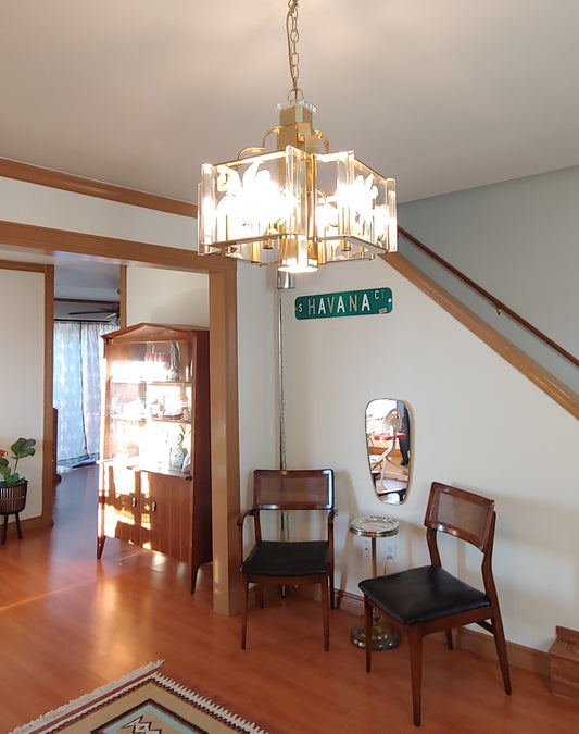 1980s Postmodern Fredrick Raymond Glass Brass Chandelier