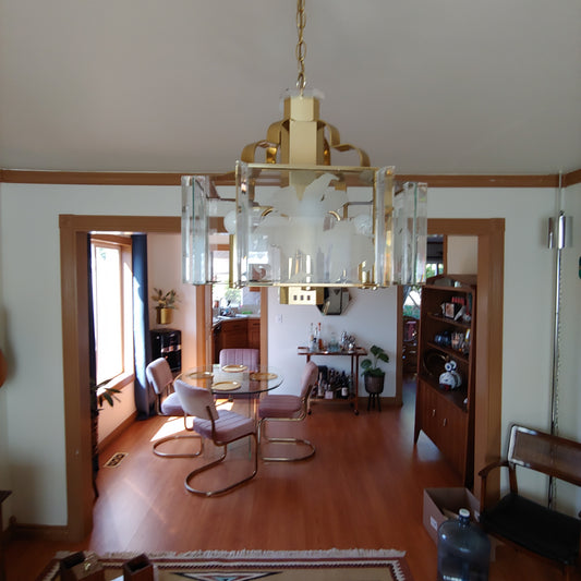 1980s Postmodern Fredrick Raymond Glass Brass Chandelier