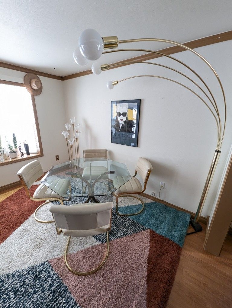 Stunning Postmodern Cream Leather, Brass & Glass Dining Set by Cal Style