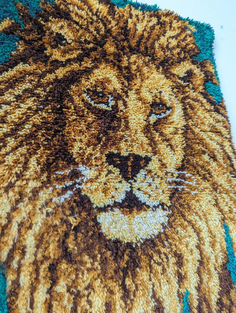 1970's Mid Century Boho Latch Hook Tiger & Lion Wall Art