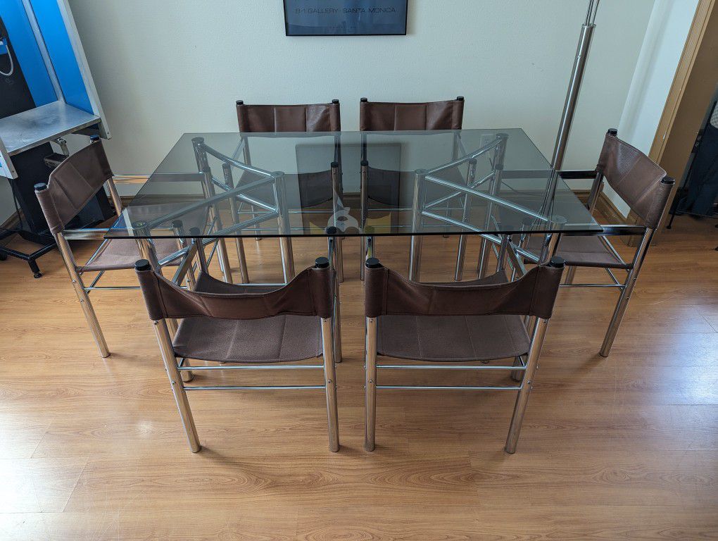 MCM Chrome Dining Table w/ Smoked Glass & 6 Sling Chair Set by James David Inc.