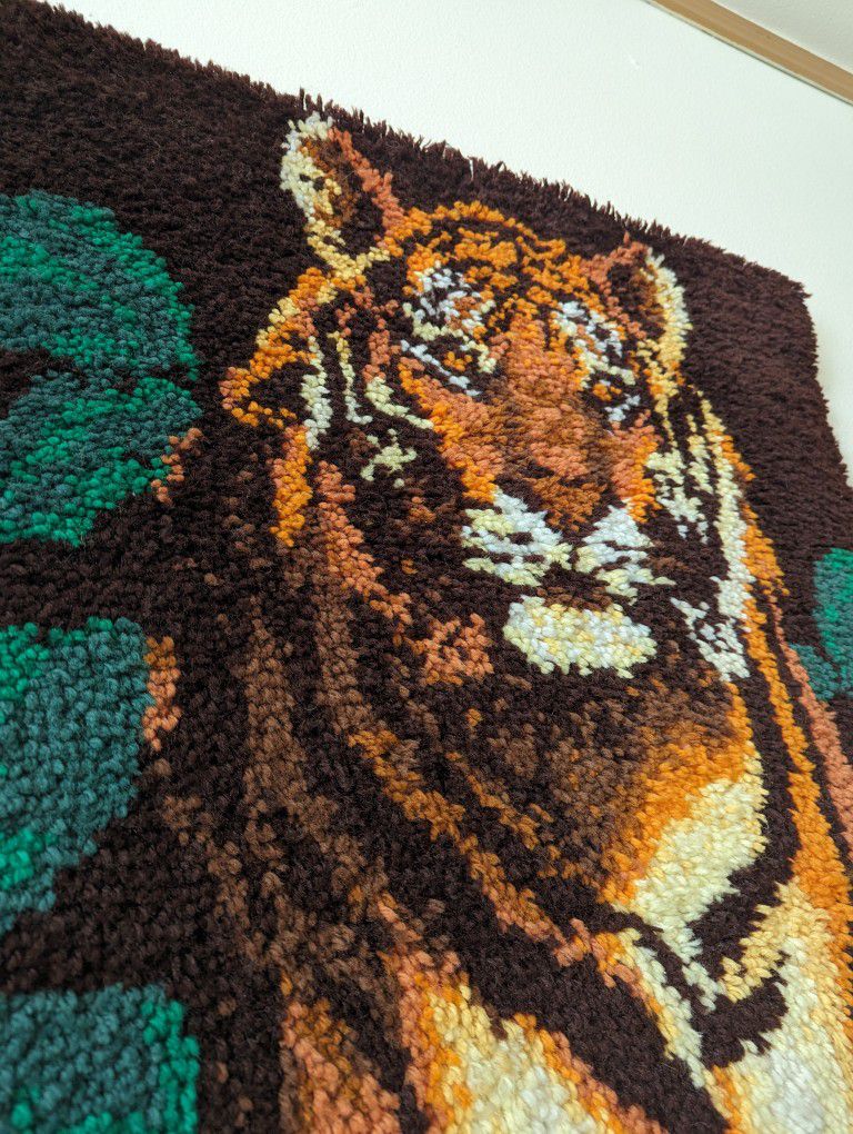 1970's Mid Century Boho Latch Hook Tiger & Lion Wall Art