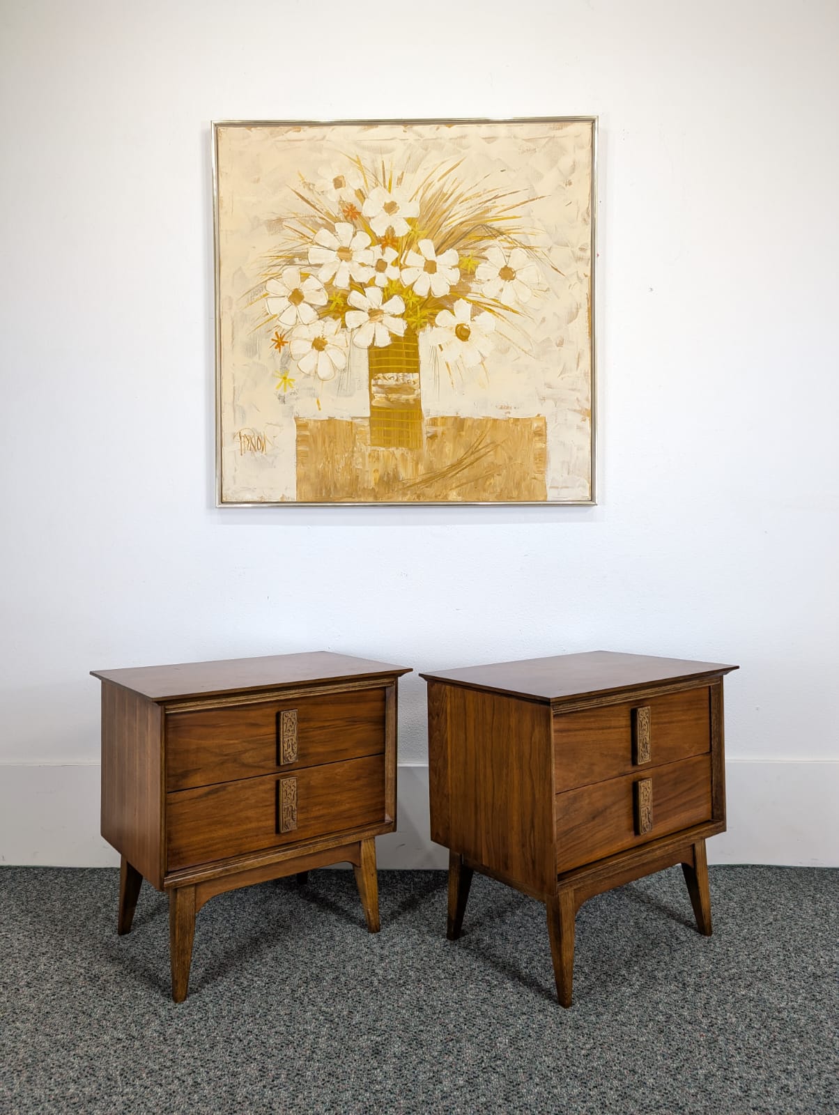 Pair of Walnut MCM Mayan Nightstands by Leo Jiranek for Bassett