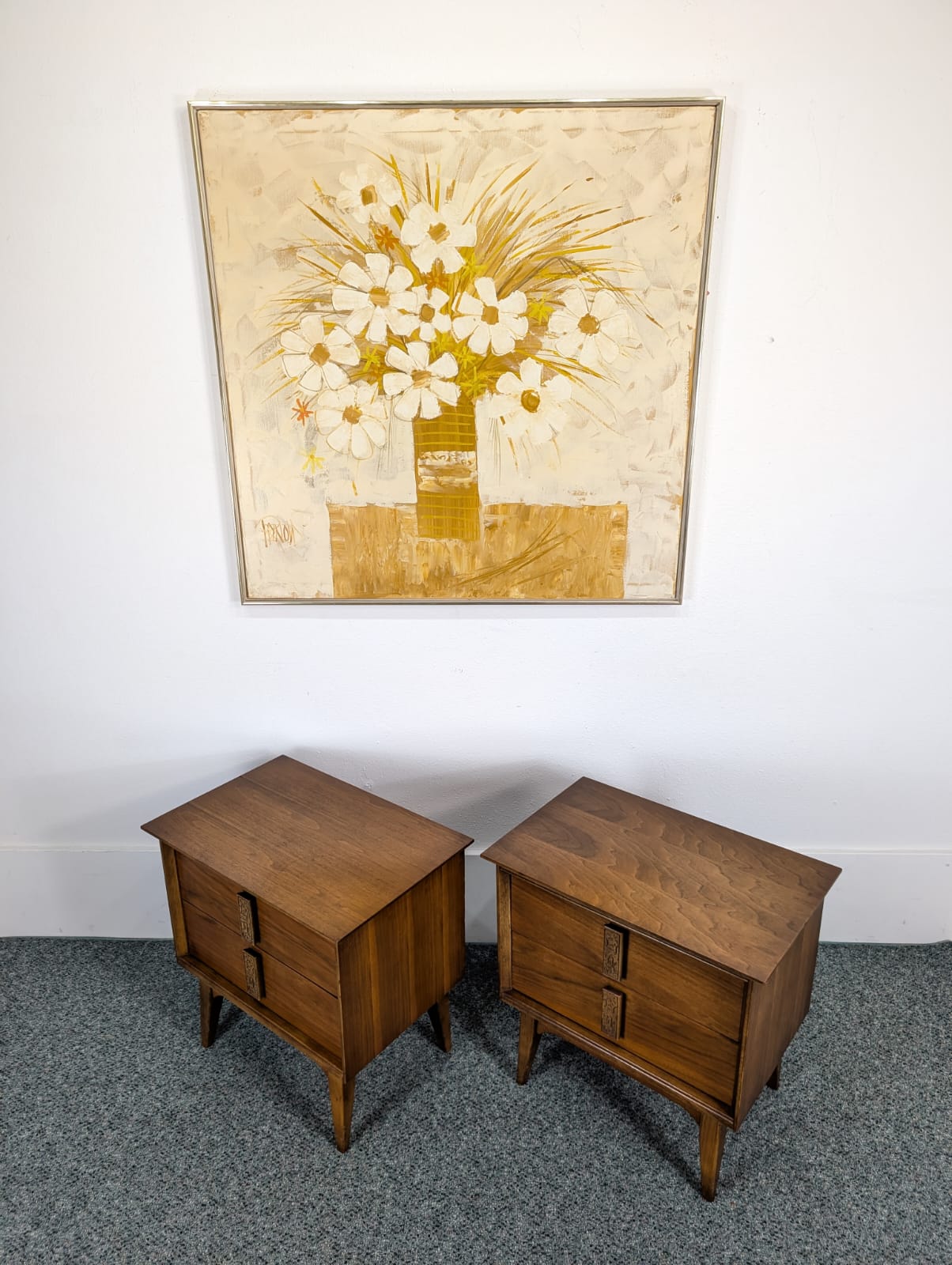 Pair of Walnut MCM Mayan Nightstands by Leo Jiranek for Bassett