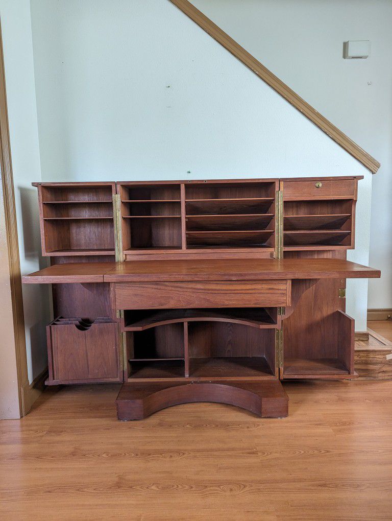Stunning Teak Magic Box Folding Desk /w Solid Brass Brutalist Pulls